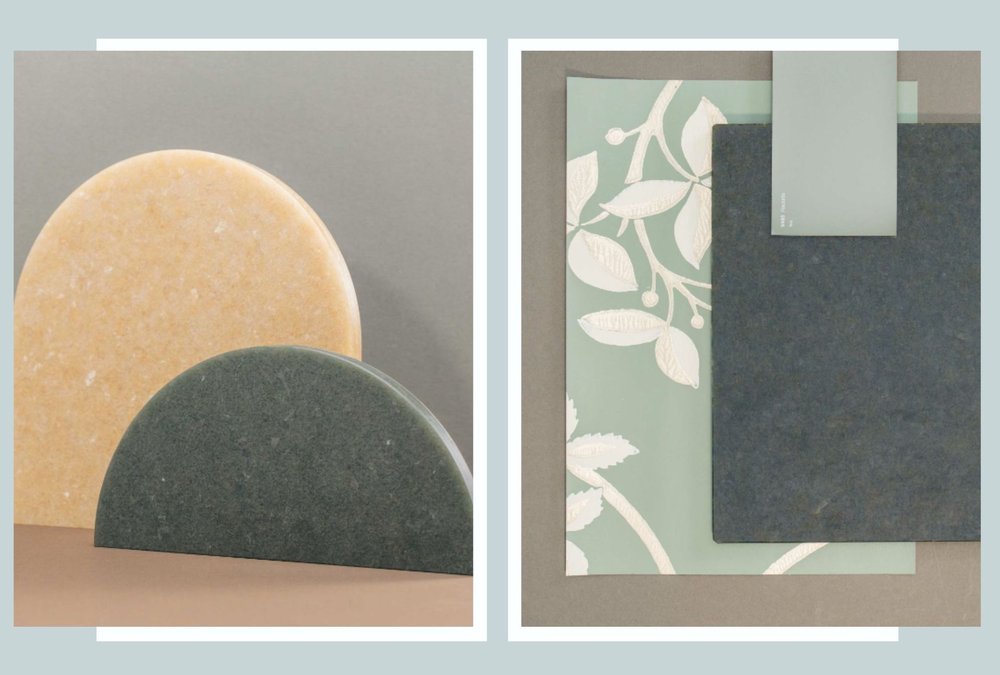 Left: Half moon shaped plastic pieces in Slate and Yellow placed atop a wooden table. Right: green leaf print, layered with square shape of slate plastic, layered with pale green paper rectangle.