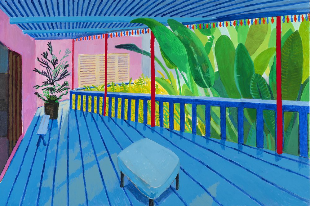Garden with Blue Terrace, 2015. Acrylic paint on canvas. 1219 x 1828 mm. Private collection © David Hockney.