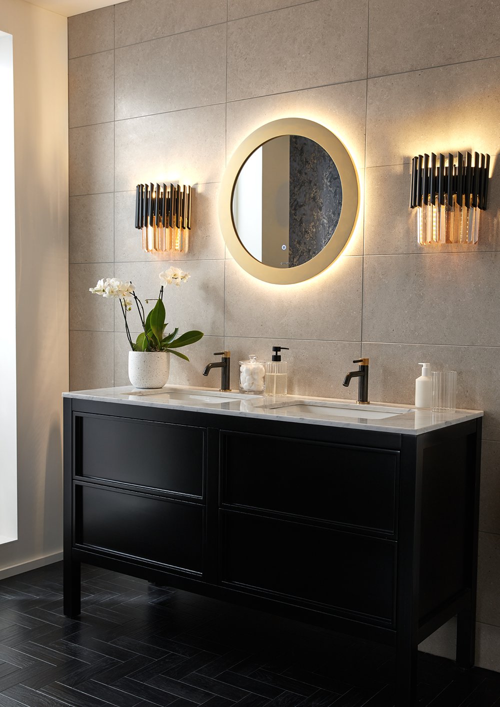 Spa style bathrooms with Vado Brushed Black and Gold Knurled X Fusion brassware
