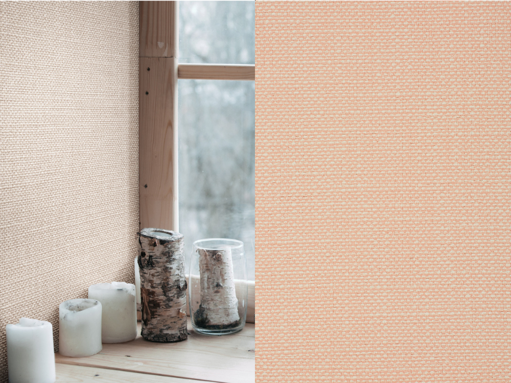 image of peach wallpaper on the left, with a vase and candle infront of it in white. There is a window in the backrgound with wooden pane. There is a sample of the peach textured wallpaper to the right of the image.