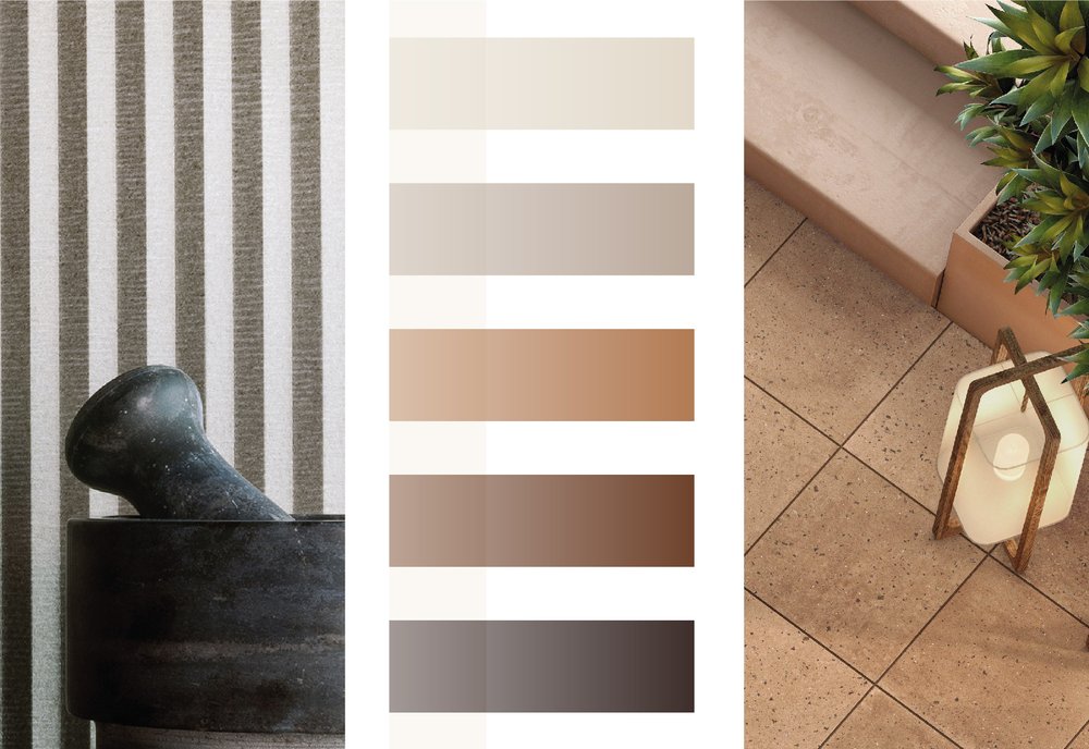 Image of dark grey Mortar and pestle against a striped wall backdrop, centre a palette of colour swatches, and right a terrazzo tiled floor with outside lamp on the floor near some steps